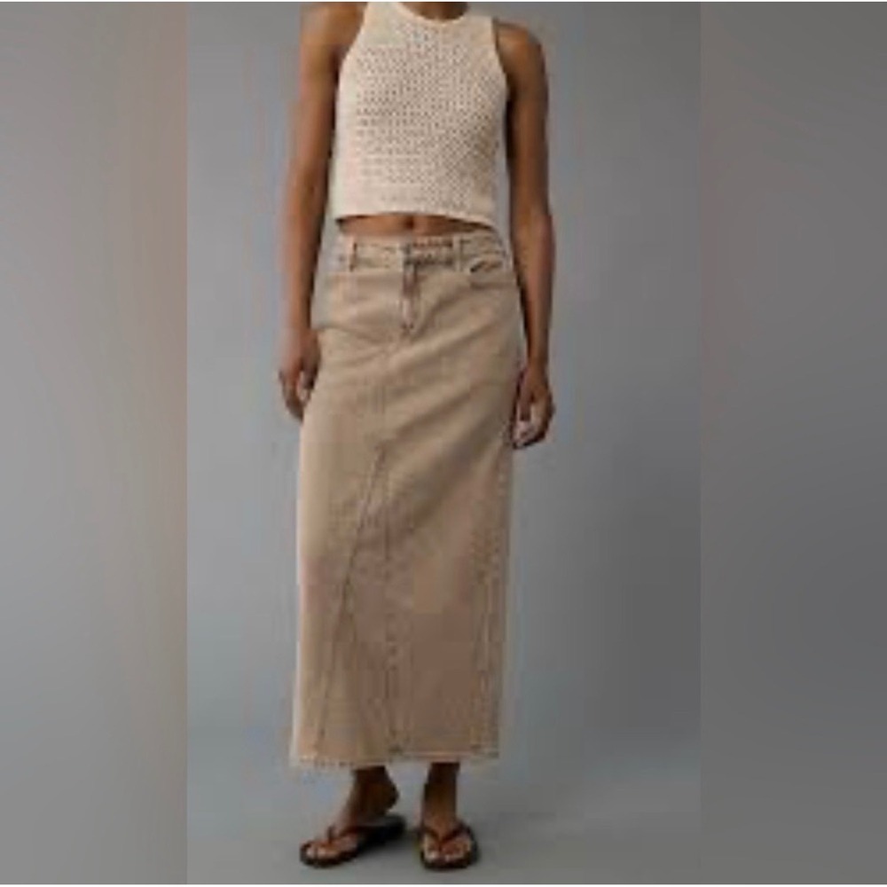 American Eagle Denim Maxi Skirt Womens 00 Tan Brown Boho Acid Wash High Slit NEW